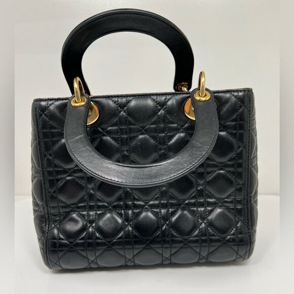 CHRISTIAN DIOR Lady Cannage Hand Tote Bag Leather Black Gold - Picture 5 of 13